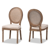 Baxton Studio Louis Traditional French Inspired Beige Fabric Upholstered and Antique Brown Finished Wood 2-Piece Dining Chair Set with Rattan Baxton Studio restaurant furniture, hotel furniture, commercial furniture, wholesale dining room furniture, wholesale dining chairs, classic dining chairs